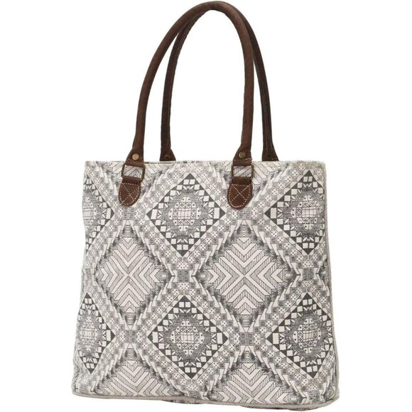 Myra Women's Artisan Upcycled Leather Canvas Tote Bag Beige Stylish Versatile Du - Picture 1 of 5